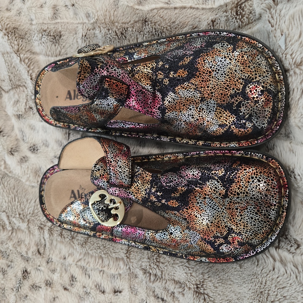 Alegria Size Euro-39 Multi Color Metalic Maryjane Wedge Mule/Clog Slip On